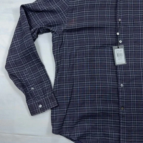 John Varvatos NWT Mens Button Down Shirt XXL Iron Grey Purple Plaid Cotton